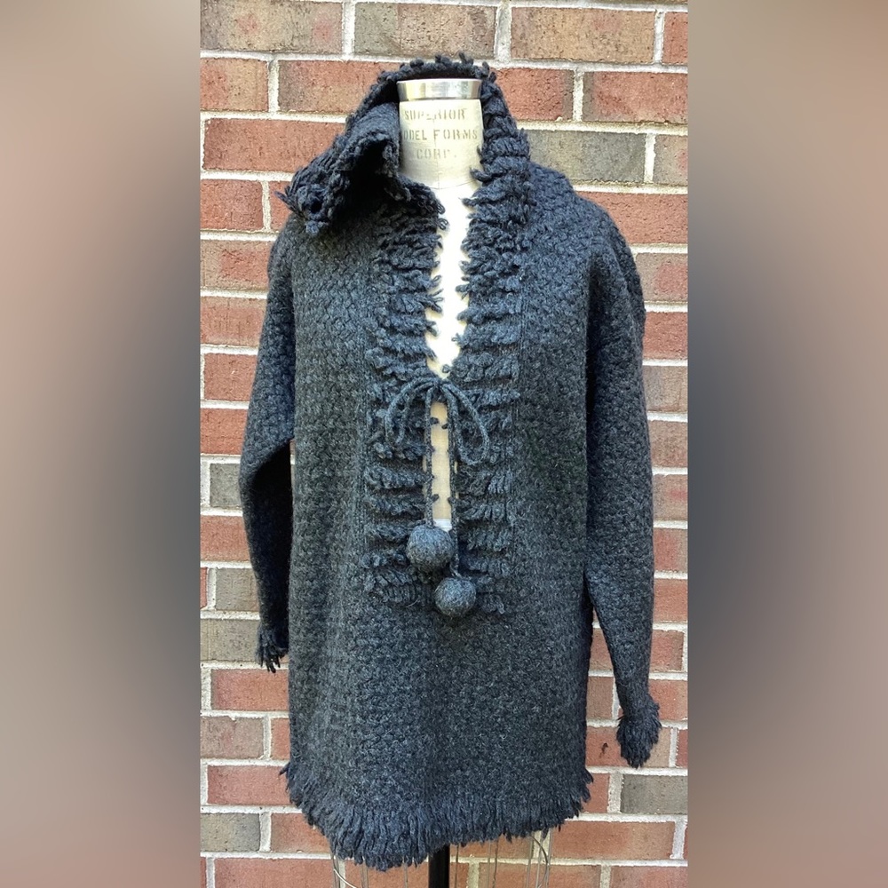 Gray Wool Tunic Hoodie Sweater with Pom Pom and Fringe size m